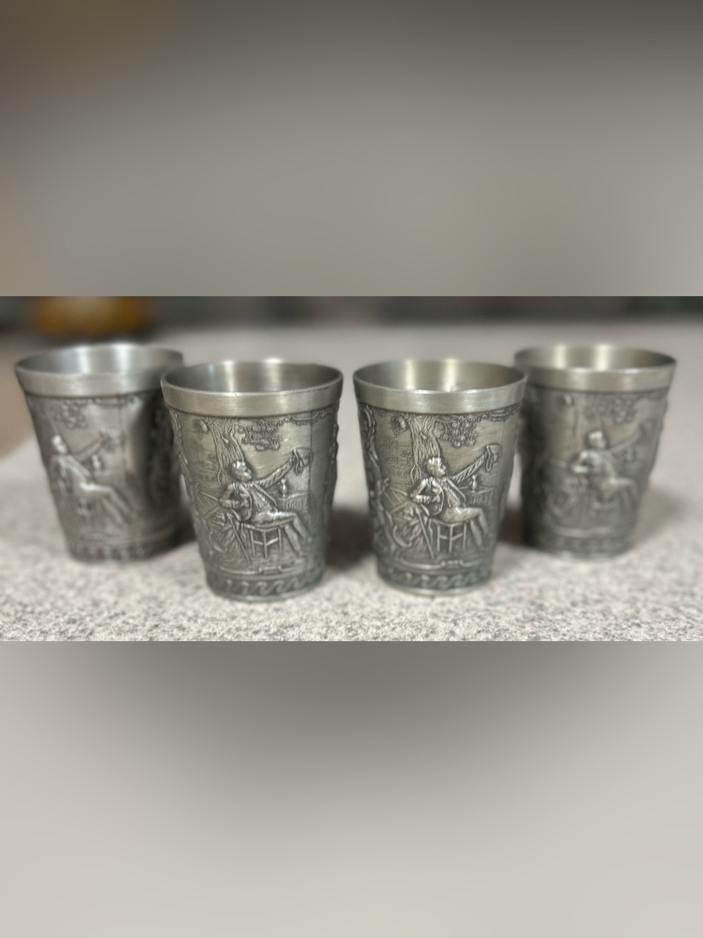 Vintage Frieling Zinn Embossed Pewter Shot Glasses (4)